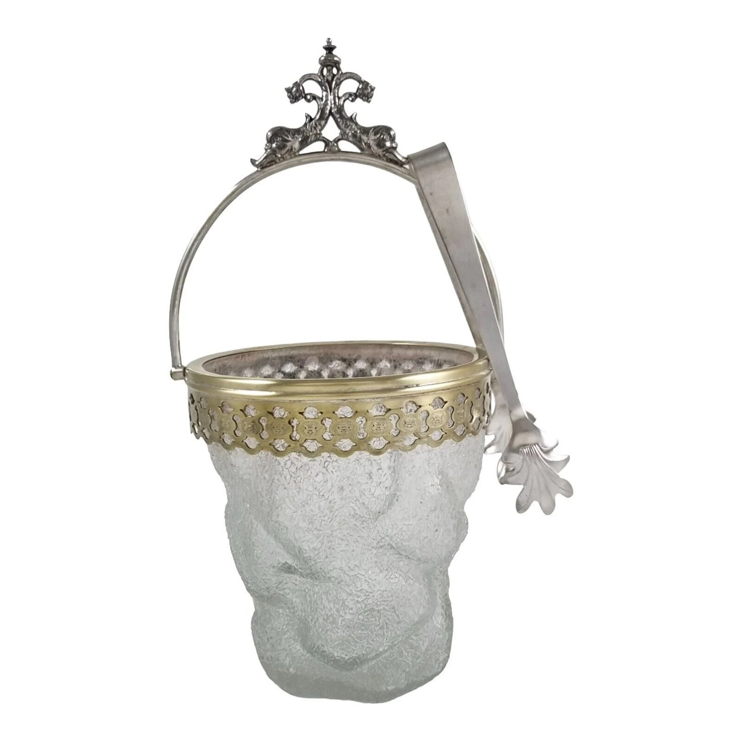 Victorian WMF swing handle ice bucket with frosted crackled glass, ice-cube shape, bird claw tongs