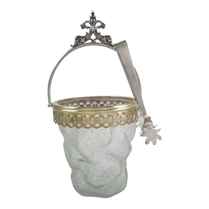 Victorian WMF swing handle ice bucket with frosted crackled glass, ice-cube shape, bird claw tongs