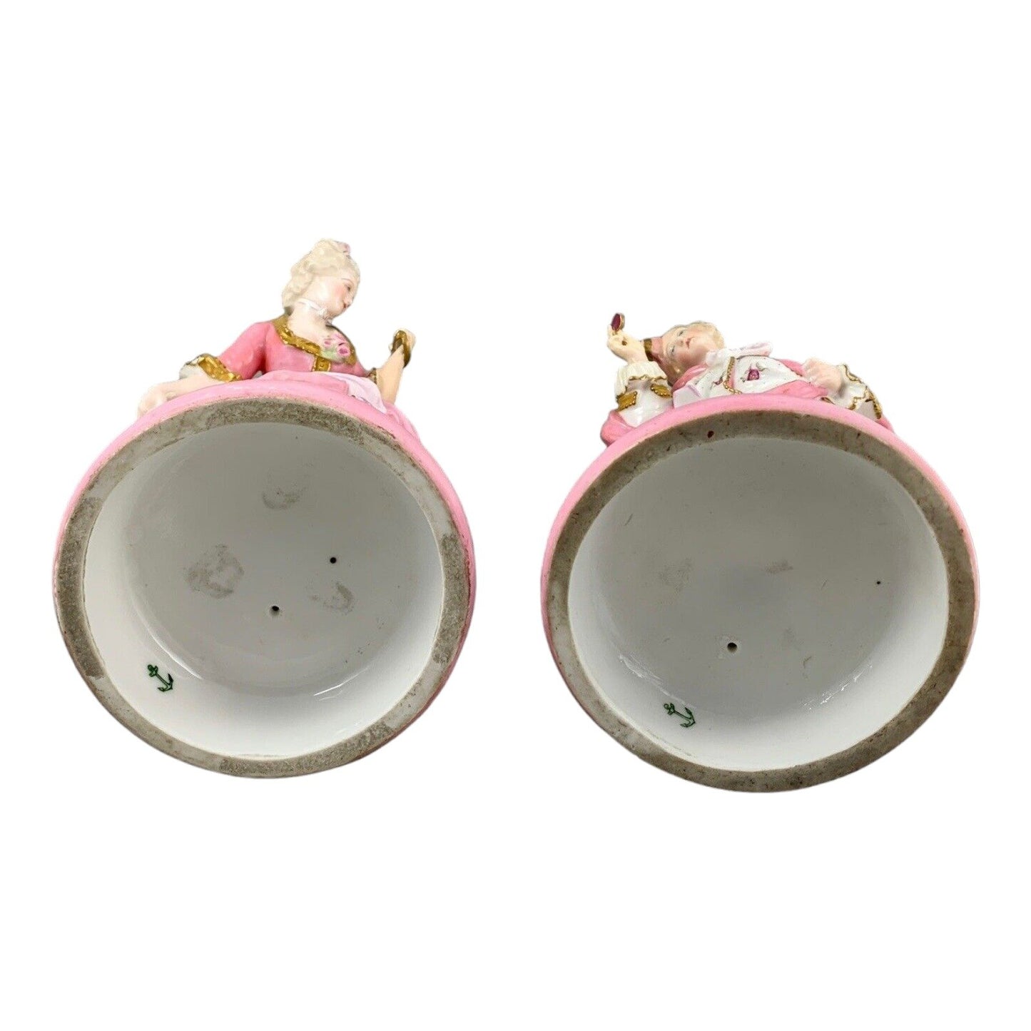 Vion & Baury Paris porcelain pair of 2 figurines of masquerade dancers in Rococo pink floral costumes