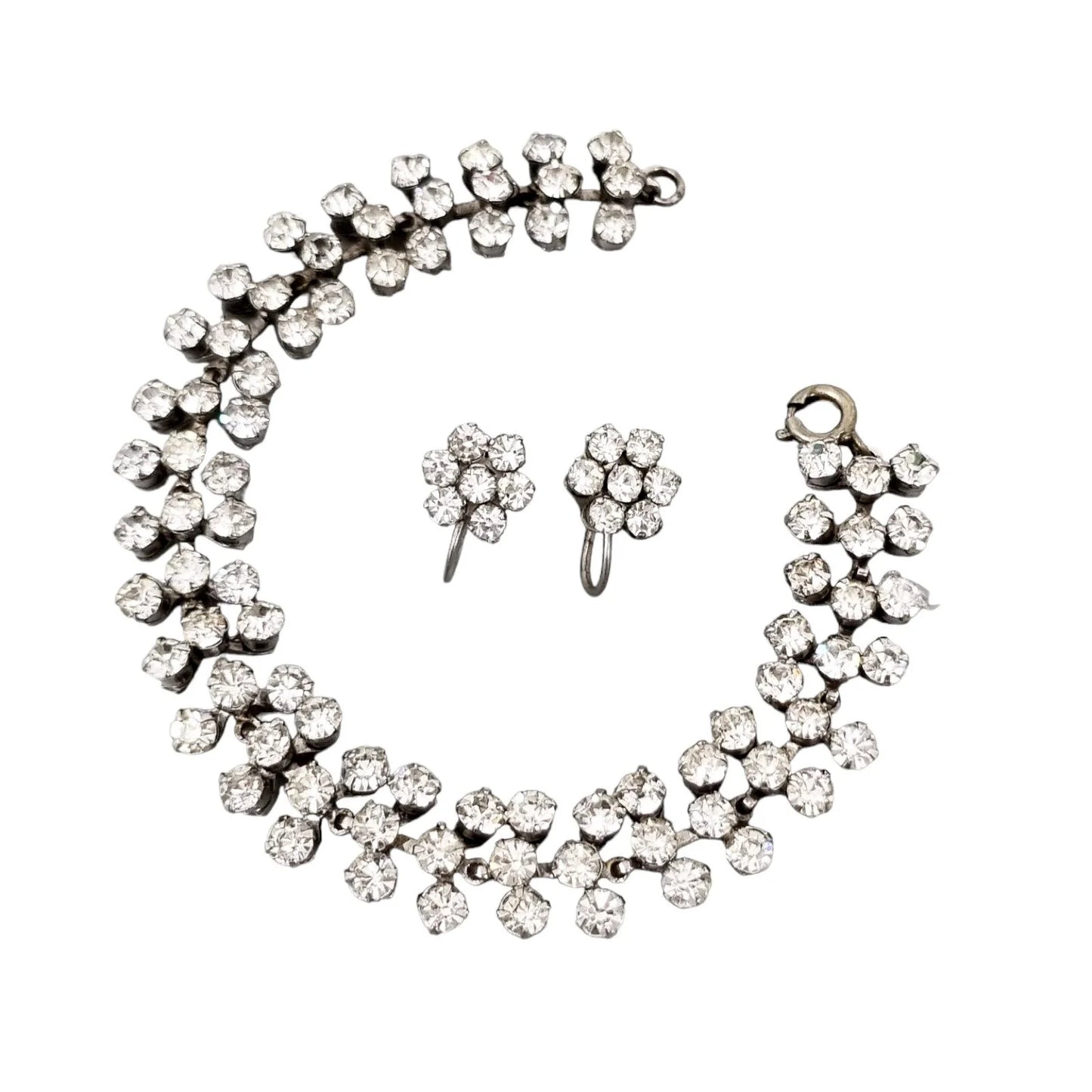 Vintage 1950’s rhinestone screw back floral cluster earrings & triple row bracelet set