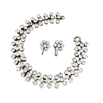 Vintage 1950’s rhinestone screw back floral cluster earrings & triple row bracelet set