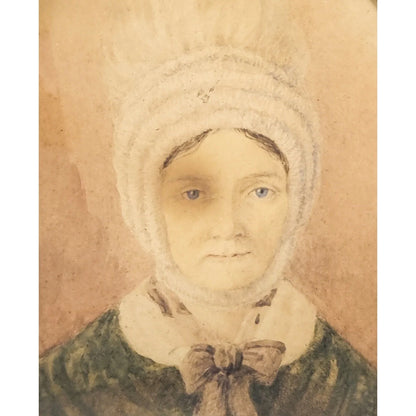 Victorian watercolour miniature portrait of matron in mob cap, oval ebonised frame