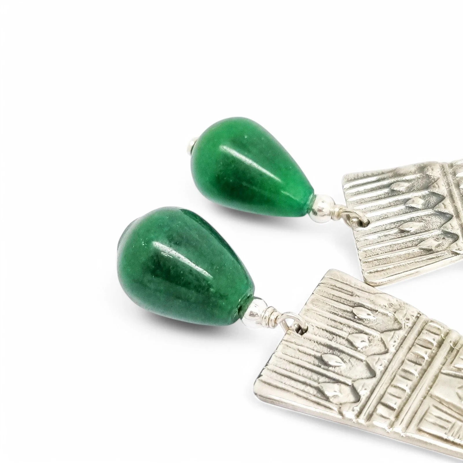 Art Deco Egyptian Revival sterling silver dangle earrings with green jade drops