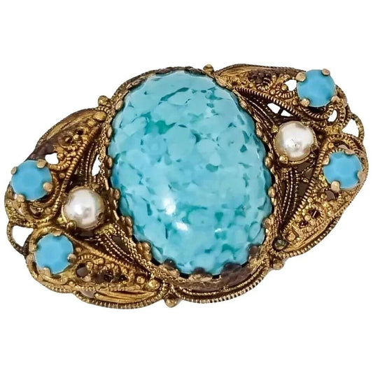 Large vintage gilt brass 1940’s Czechoslovakia turqouise glass filigree brooch
