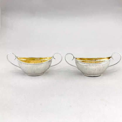 Neoclassical gilt sterling silver boxed navette salts with shell spoons