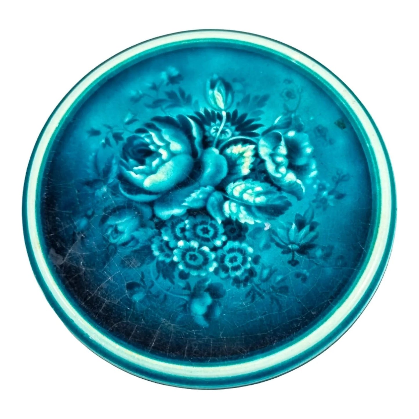 Victorian Minton & Hollins large turquoise teapot trivet / coaster decorated with a floral bouquet