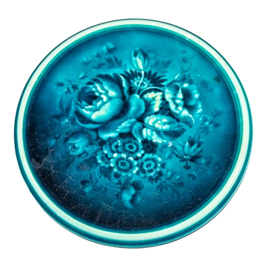 Victorian Minton & Hollins large turquoise teapot trivet / coaster decorated with a floral bouquet