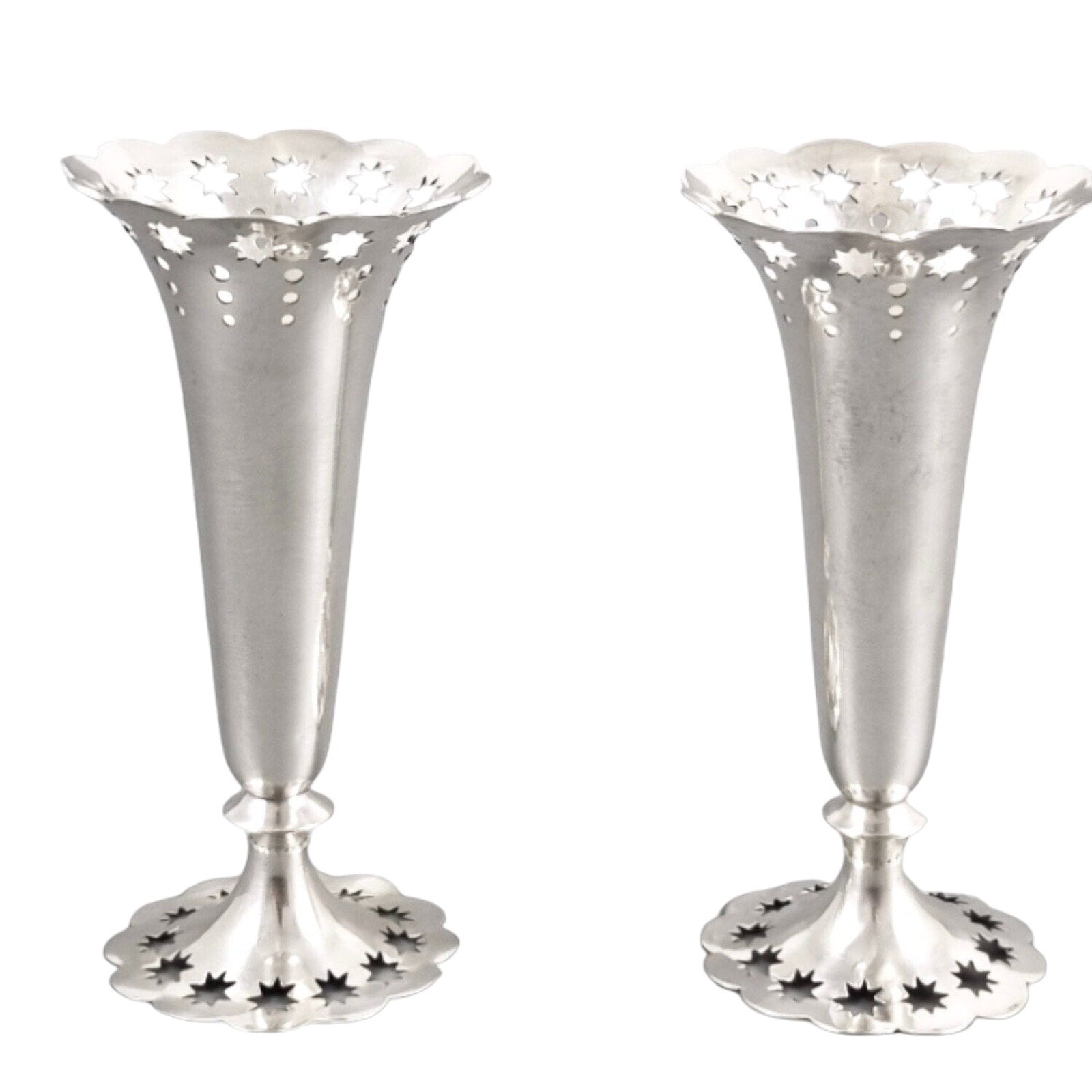 Edwardian German 835 solid silver pair of spill bud vases Bruckmann & Söhne, pierced star design