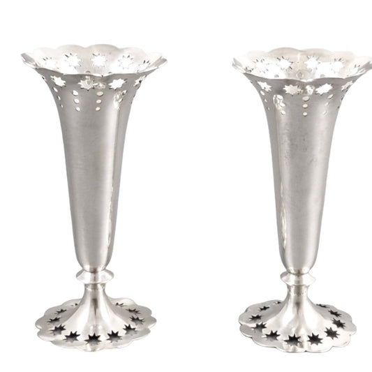 Edwardian German 835 solid silver pair of spill bud vases Bruckmann & Söhne, pierced star design