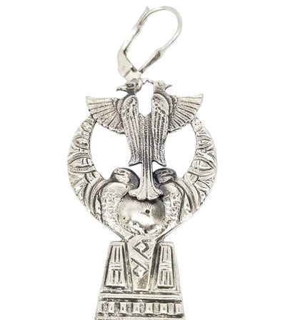 Art Deco Egyptian Revival sterling silver dangle earrings with green jade drops