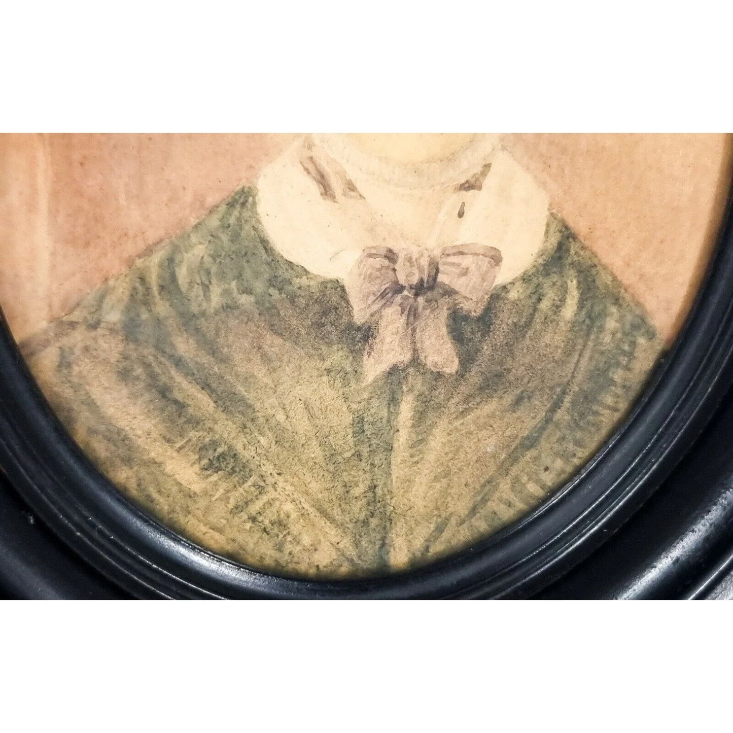 Victorian watercolour miniature portrait of matron in mob cap, oval ebonised frame