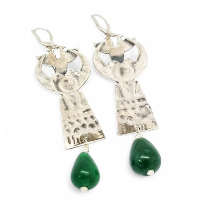 Art Deco Egyptian Revival sterling silver dangle earrings with green jade drops