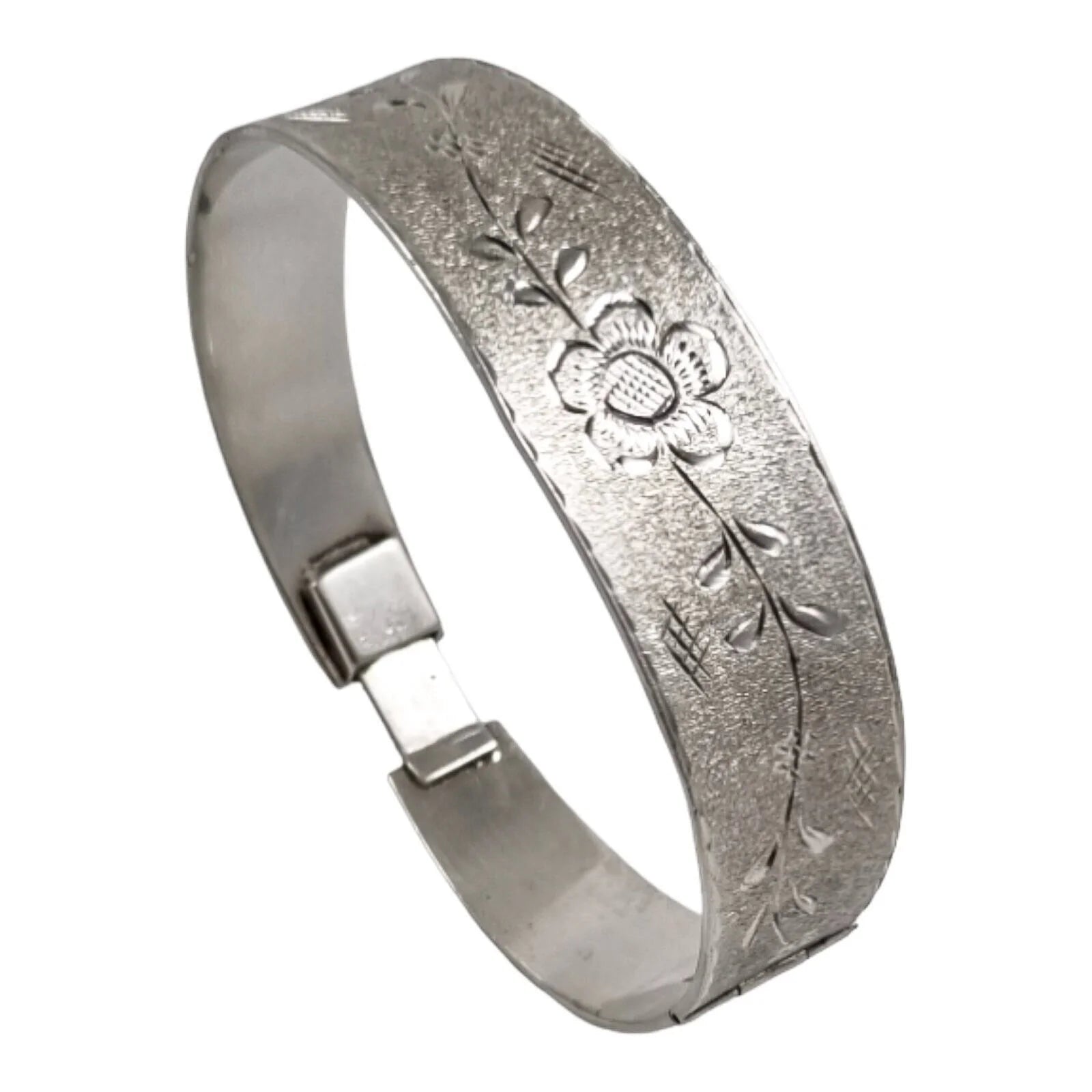 Vintage 70's sterling silver large bangle bracelet, bright-cut with flowers on brushed matte ground