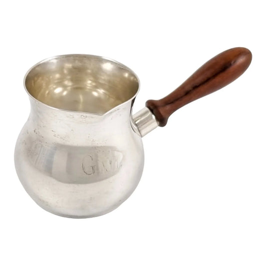 Edwardian American sterling silver brandy saucepan warmer / pipkin with turned wooden handle, inscribed “Gail”