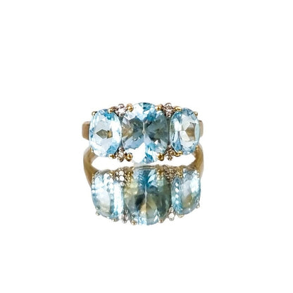 Vintage 9ct yellow gold blue topaz and diamond trilogy three stone cocktail ring, size P 1/2