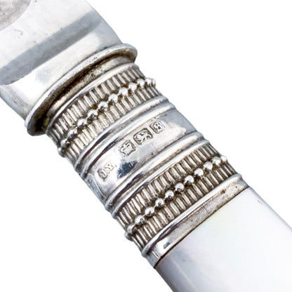 Cased Edwardian 6 person dessert fruit knife set with mother-of-pearl handles and engraved blades