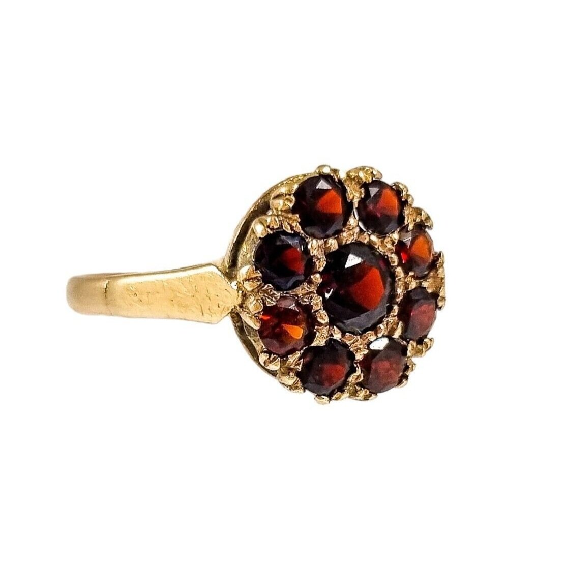 Antique 9ct yellow gold, red garnet daisy floral cluster dress ring, size K