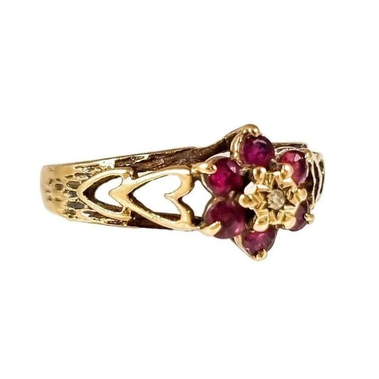 1970’s 9ct yellow gold ruby and diamond floral cluster halo ring with pierced heart shank, size O