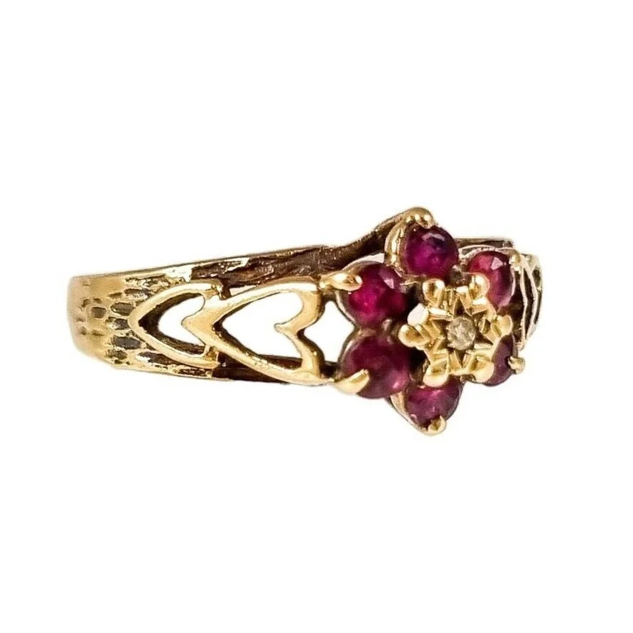 1970’s 9ct yellow gold ruby and diamond floral cluster halo ring with pierced heart shank, size O