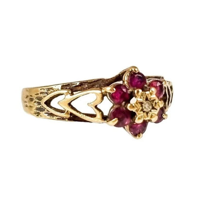 1970’s 9ct yellow gold ruby and diamond floral cluster halo ring with pierced heart shank, size O