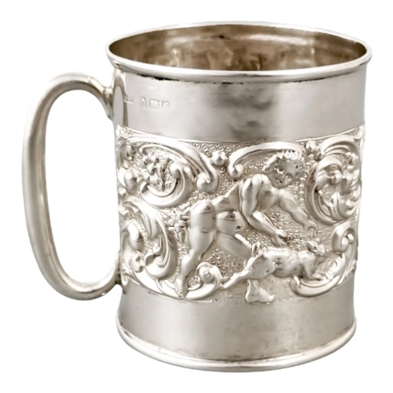 Edwardian sterling silver Christening cup embossed cherubs, rabbits and scrolling foliage, Crisford & Norris