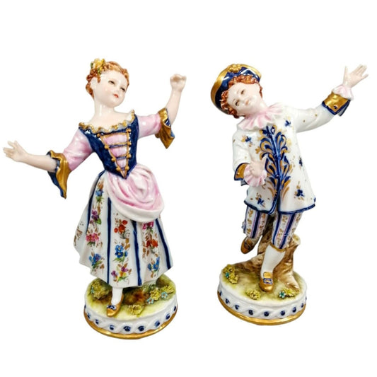 Capodimonte Tiche Galletti porcelain figurines of lady and cavalier in Regency costumes