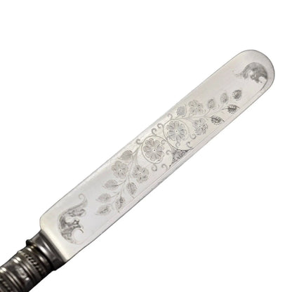 Cased Edwardian 6 person dessert fruit knife set with mother-of-pearl handles and engraved blades