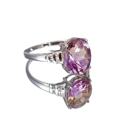 9ct white gold oval-cut amethyst and stepped shoulders solitaire diamond dress ring, size N
