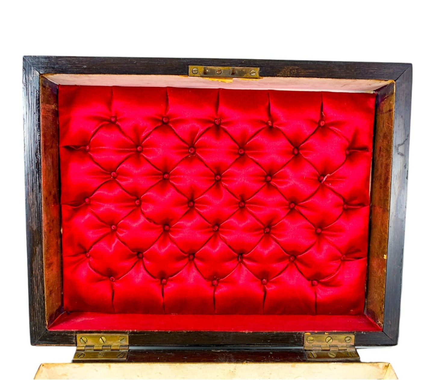 Victorian walnut work and jewellery box with carry handle and button-tufted silk interior