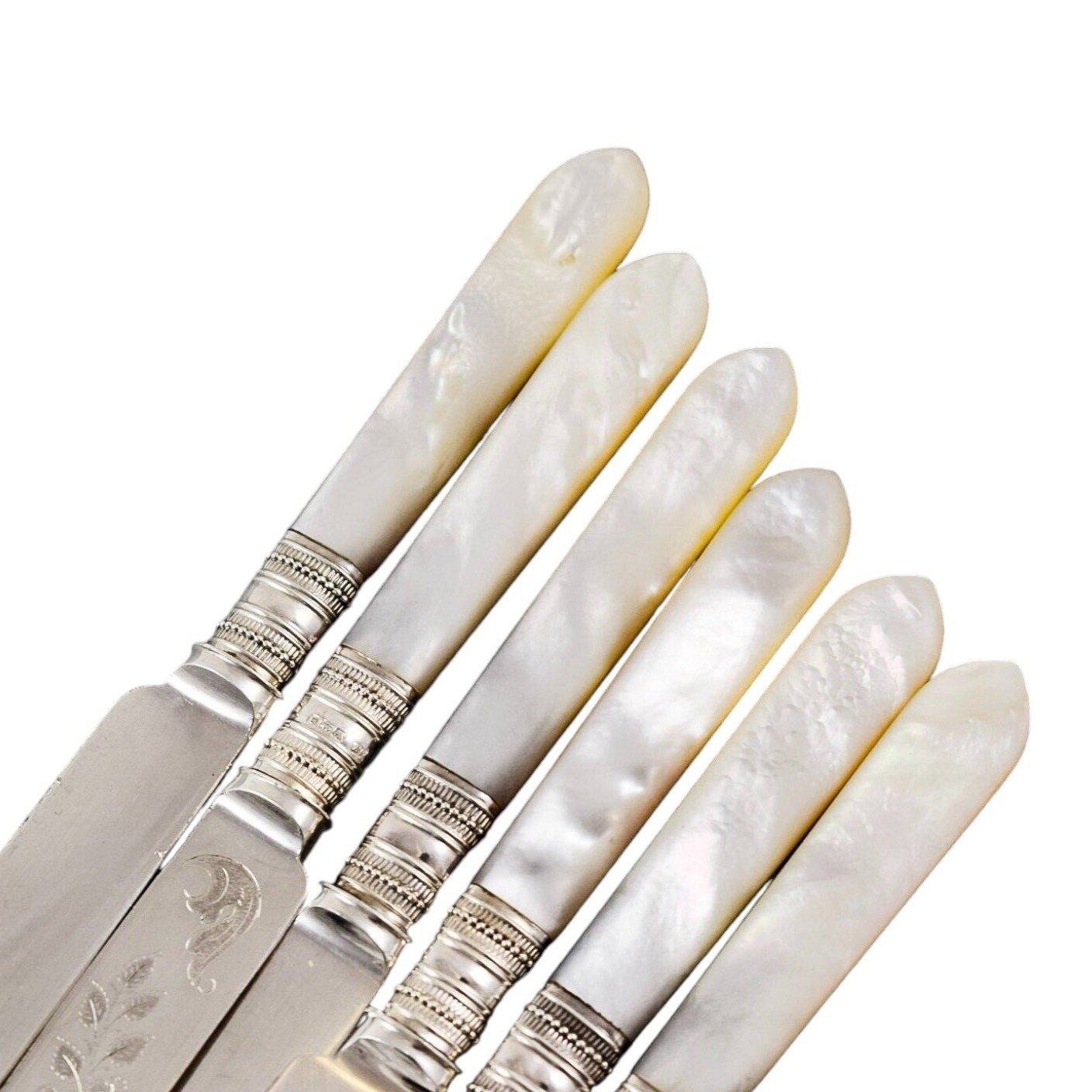 Cased Edwardian 6 person dessert fruit knife set with mother-of-pearl handles and engraved blades