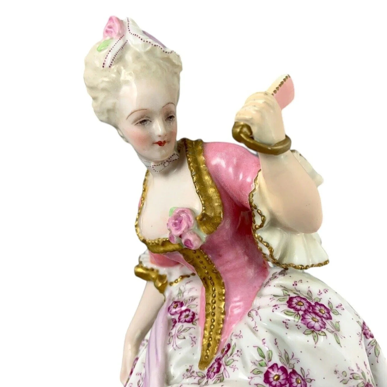 Vion & Baury Paris porcelain pair of 2 figurines of masquerade dancers in Rococo pink floral costumes