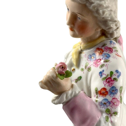 1830’s Meissen porcelain figurine of Regency dandy gentleman holding a tricorne and flowers
