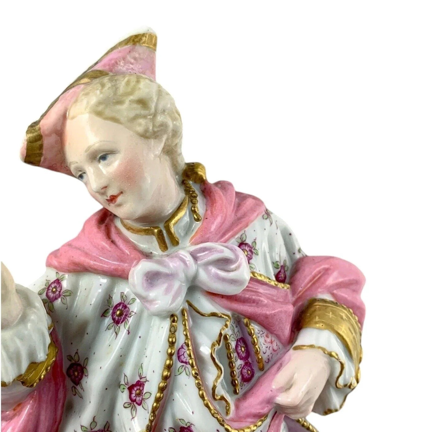 Vion & Baury Paris porcelain pair of 2 figurines of masquerade dancers in Rococo pink floral costumes