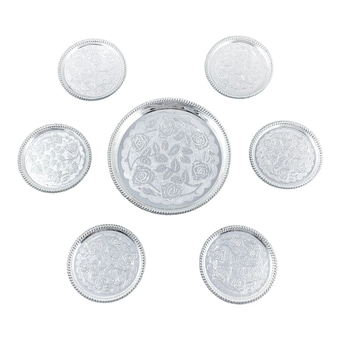 Vintage set of 7 Seba silver plated coasters etched with roses for wine bottle and glasses