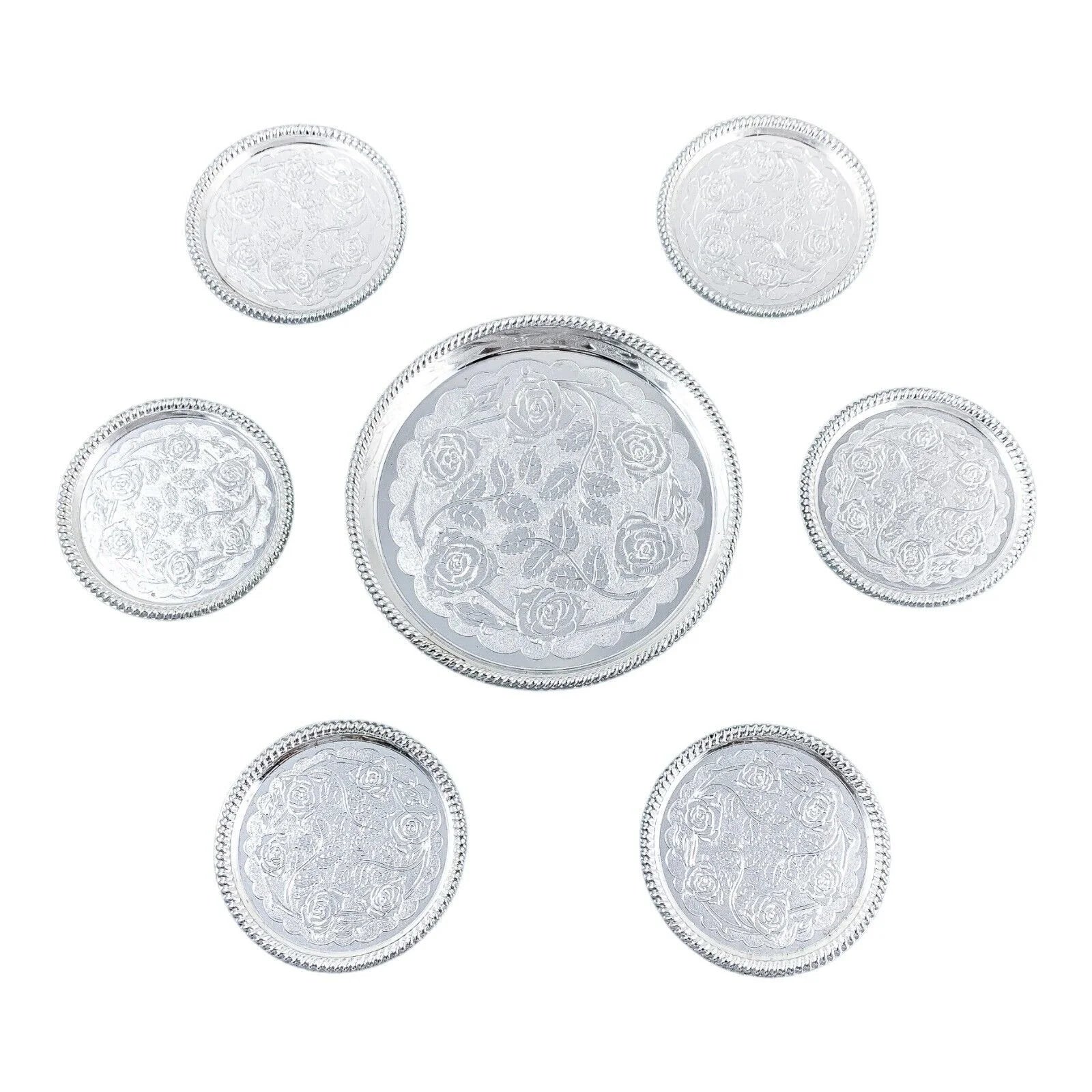 Vintage set of 7 Seba silver plated coasters etched with roses for wine bottle and glasses
