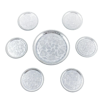 Vintage set of 7 Seba silver plated coasters etched with roses for wine bottle and glasses
