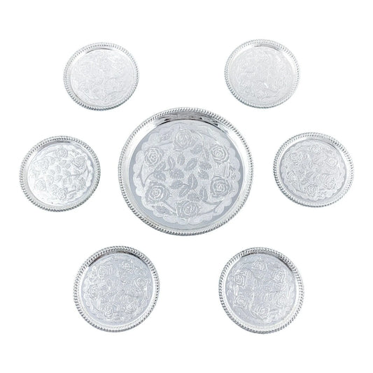 Vintage set of 7 Seba silver plated coasters etched with roses for wine bottle and glasses