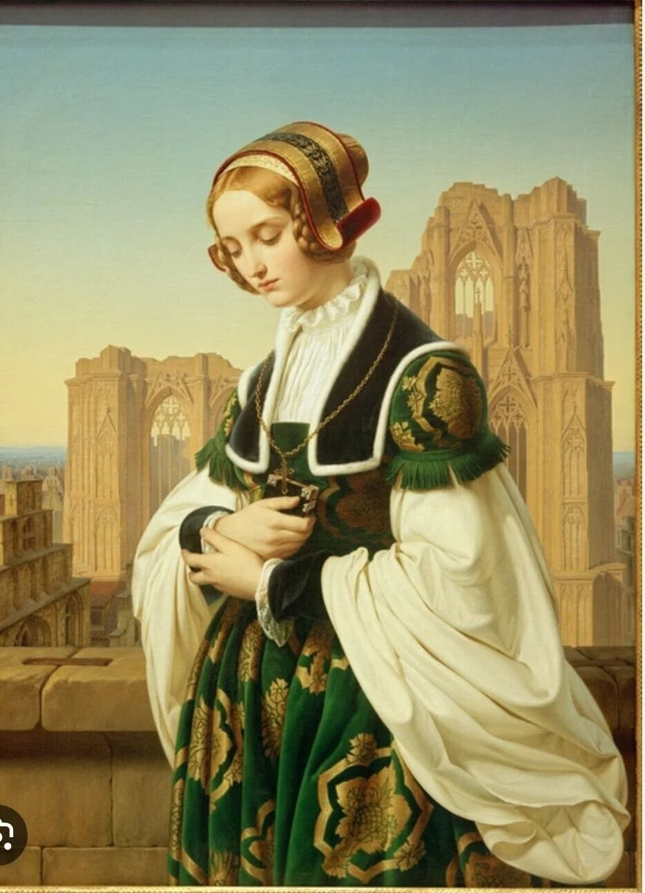 19th century German porcelain lithophane of Renaissance religious young woman in front of Cologne Cathedral (The Churchgoer by Louis Blanc)