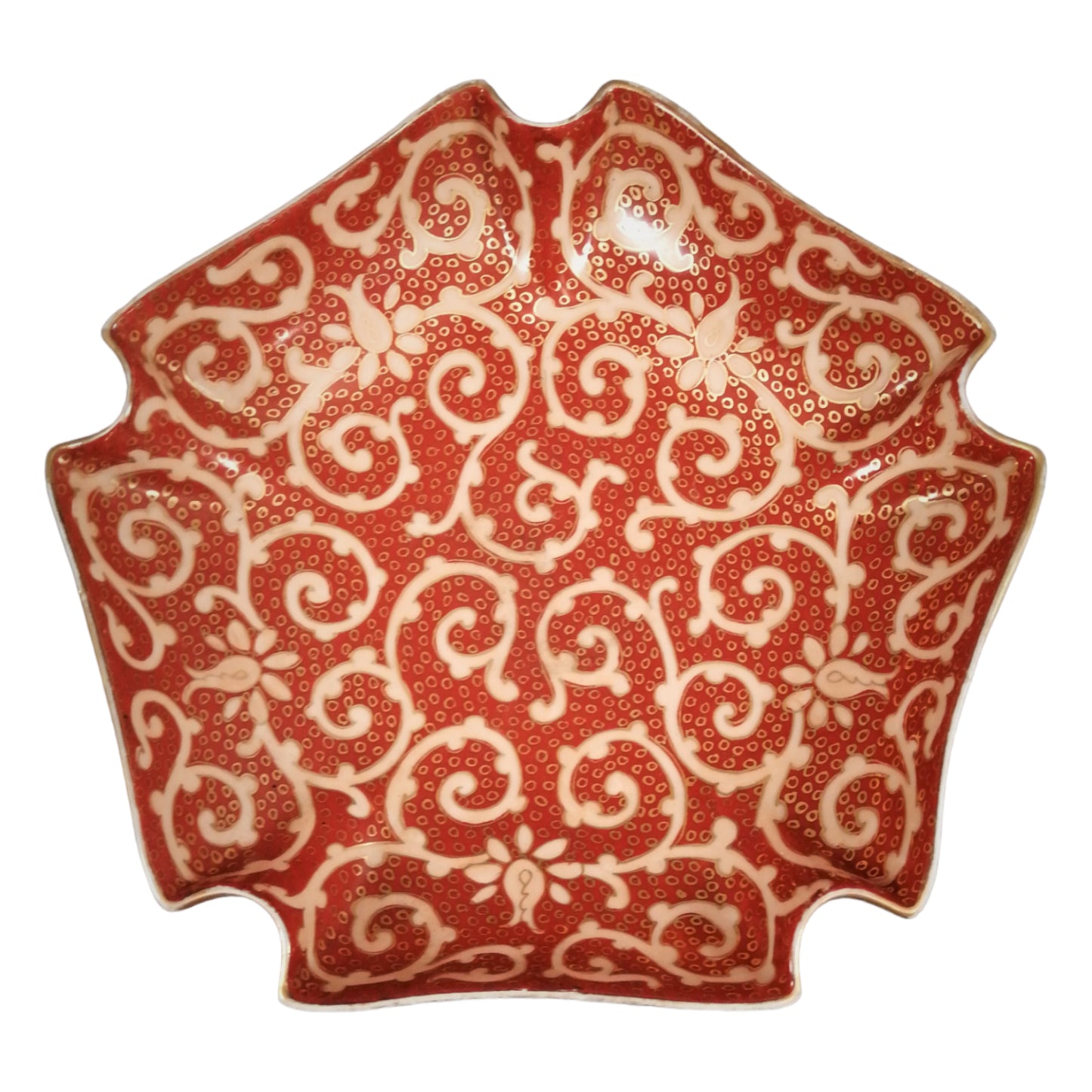 19th century Rauenstein Chinoiserie porcelain 5-sided bowl, red and gilt scrolls