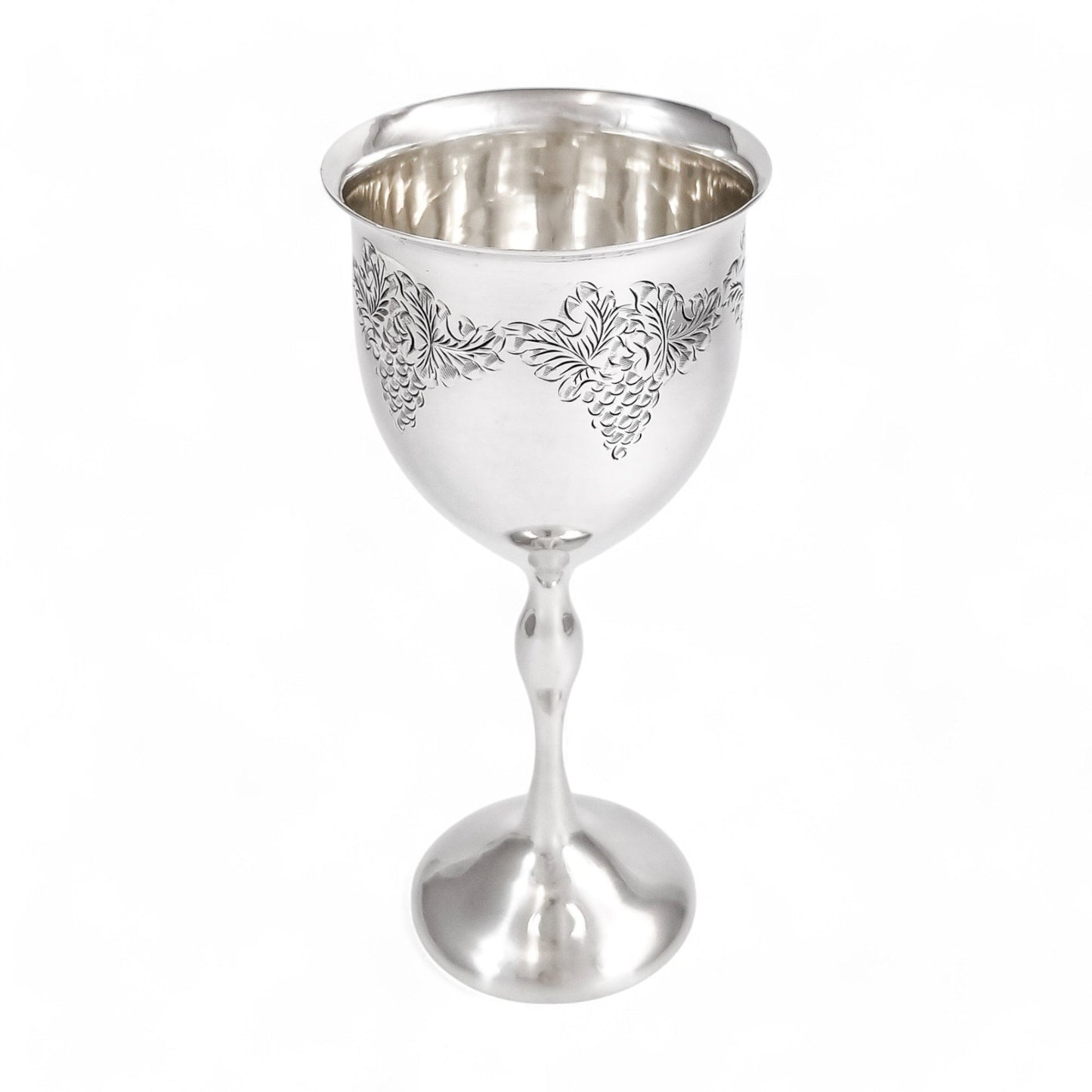 Vintage English sterling silver Kiddush cup with grapevine engraving, Jewish ceremonial goblet, 1969