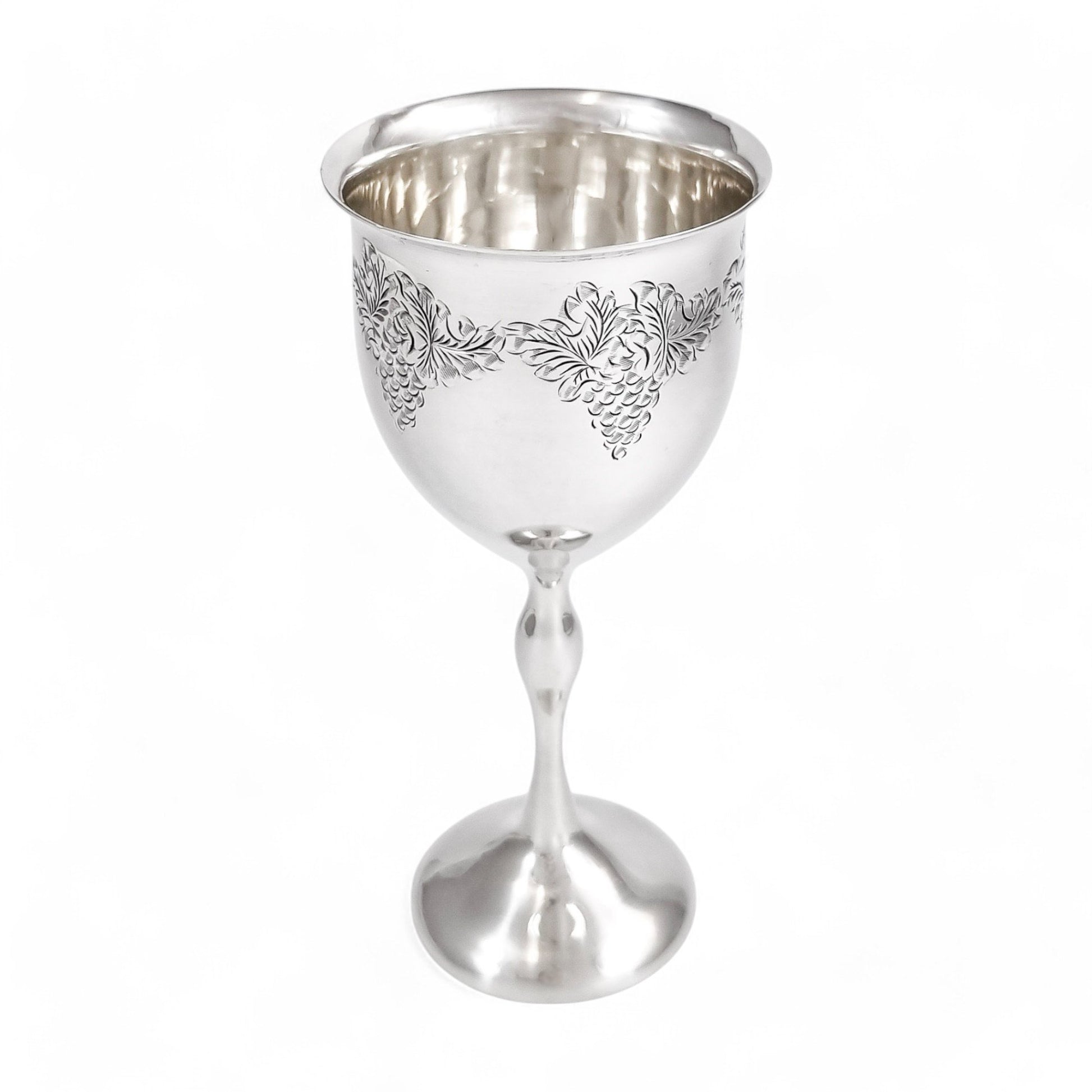 Vintage English sterling silver Kiddush cup with grapevine engraving, Jewish ceremonial goblet, 1969