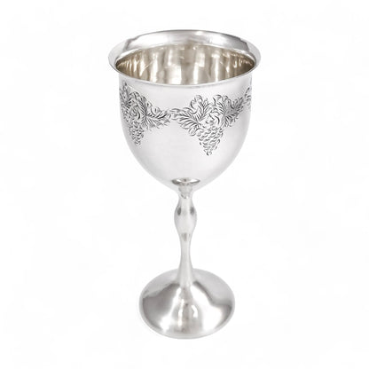 Vintage English sterling silver Kiddush cup with grapevine engraving, Jewish ceremonial goblet, 1969